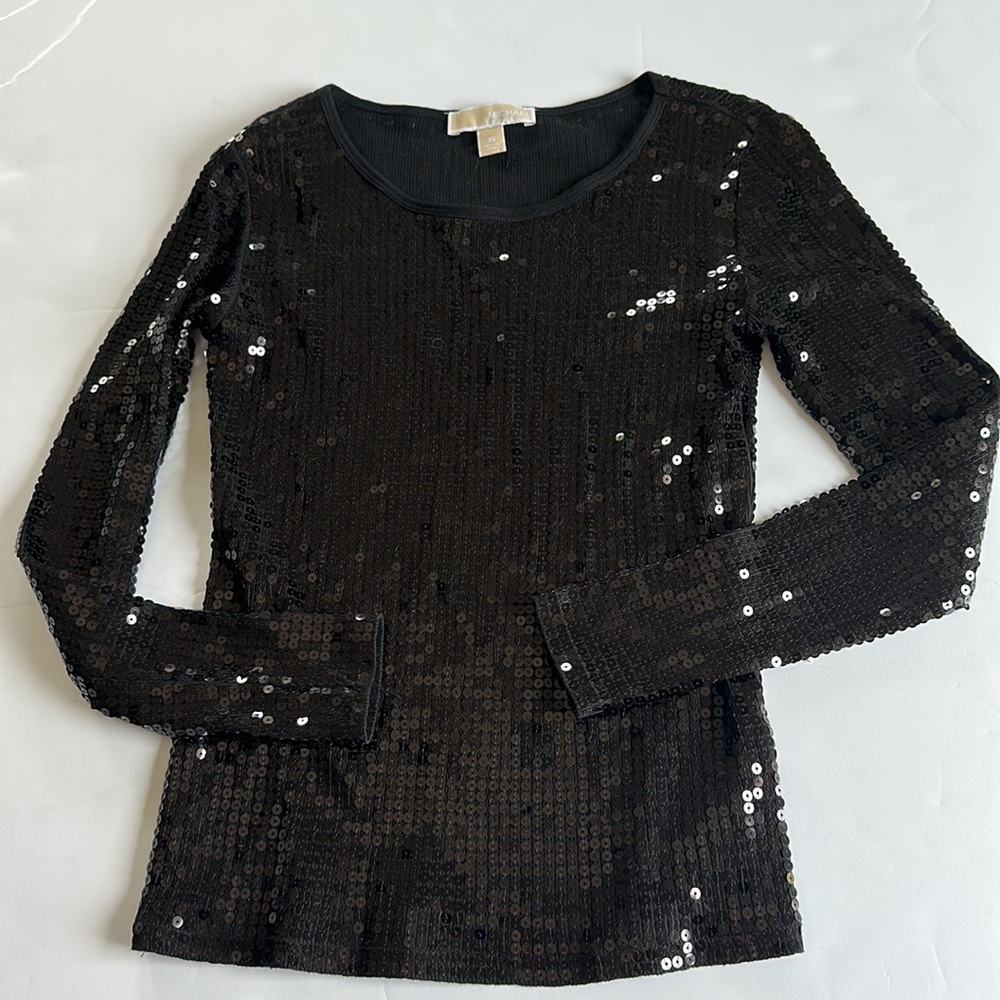 Michael Kors black sequin long sleeve t-shirt top XS 2-4 - Picture 7 of 9